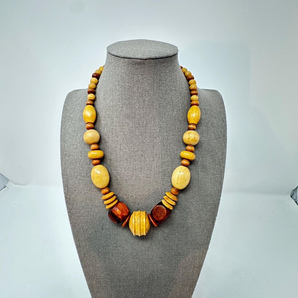 Vintage Boho Wood Bead Necklace Chunky Tribal Statement Yellow Brown 19"